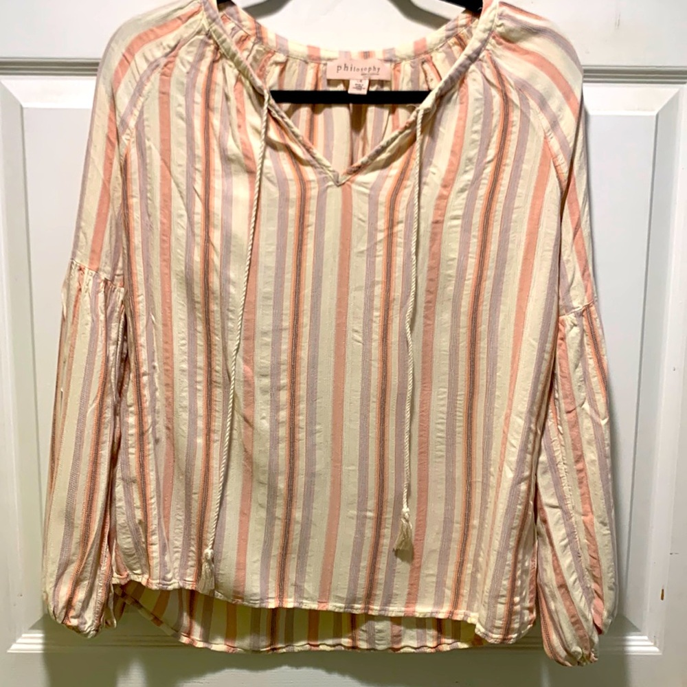 Beautiful Striped Philosophy Drawstring V-neck Top Women’s L